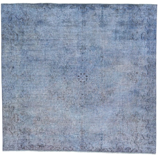 Vintage Persian Overdyed Square Handmade Medallion Blue Wool Rug For Sale - Image 9 of 9