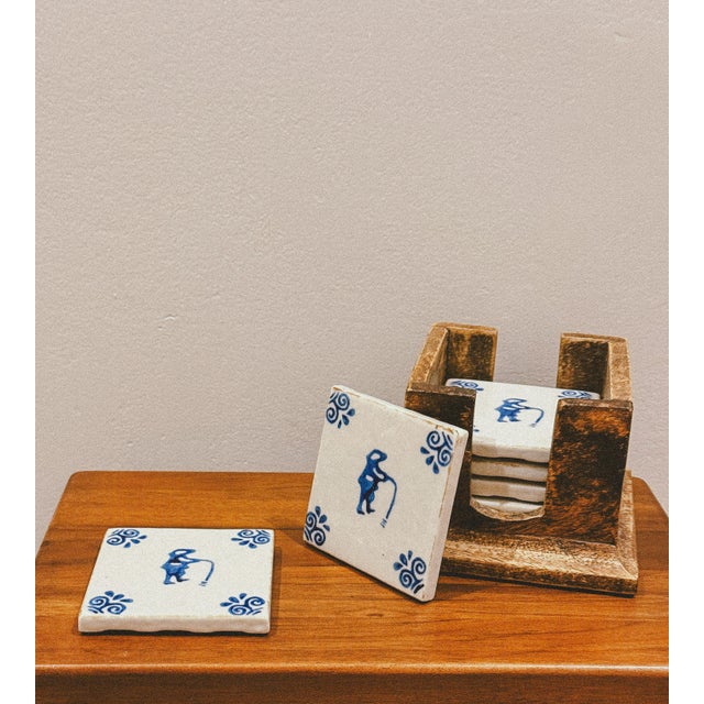 Mid-Century Modern Portuguese Painted Faience Coasters with Wooden Stand, 1960s, Set of 7 For Sale - Image 3 of 8