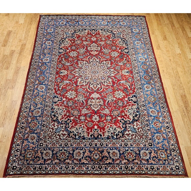 Late 20th Century Vintage Room Size Persian Isfahan Rug, Handwoven Floral Pattern, Red & Blue, 9’ X 12’ For Sale - Image 5 of 12