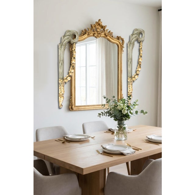 A gorgeous pair of 19th-Century French carved giltwood and gray painted architectural fragments / wall swags / garland /...