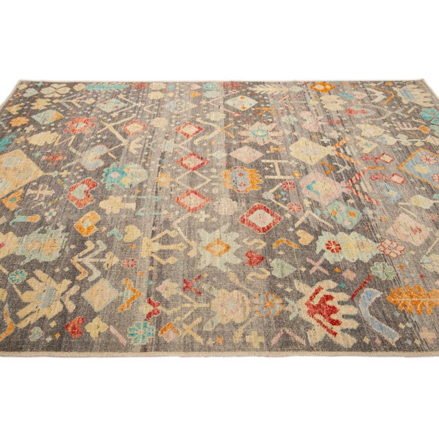 2020s Modern Boho Gray Moroccan Style Handmade Multicolor Pattern Wool Rug For Sale - Image 5 of 10