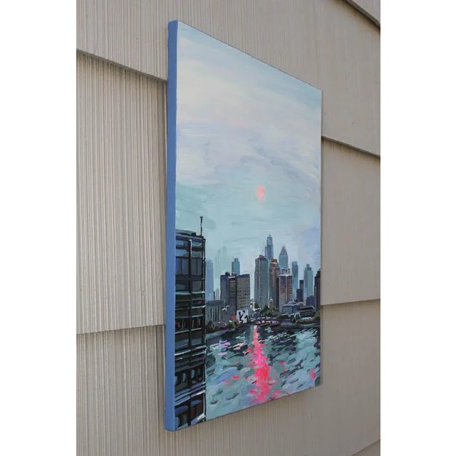 "Sun Behind Clouds Over NYC" Original Expressionist Cityscape Acrylic Painting by Natalia Bessonova For Sale - Image 4 of 4