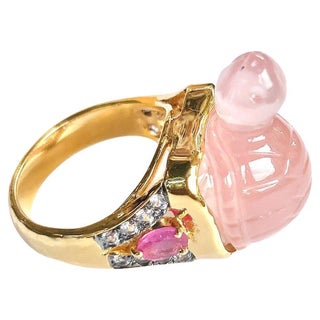 Bochic “Orient” Turtle Rose Quartz, Diamond & Ruby Ring In 18K Gold & Silver, Size 7 For Sale