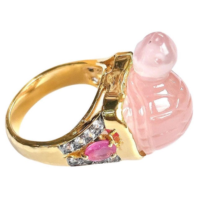 Bochic “Orient” Turtle Rose Quartz, Diamond & Ruby Ring In 18K Gold & Silver, Size 7 For Sale