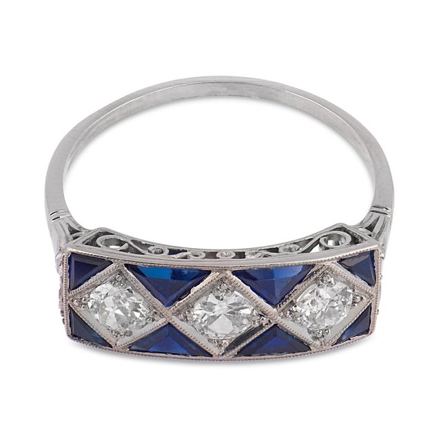 Contemporary Art Deco Inspired Old Cut Diamond Sapphire Platinum Dinner Ring, Size 7.75 For Sale - Image 3 of 6