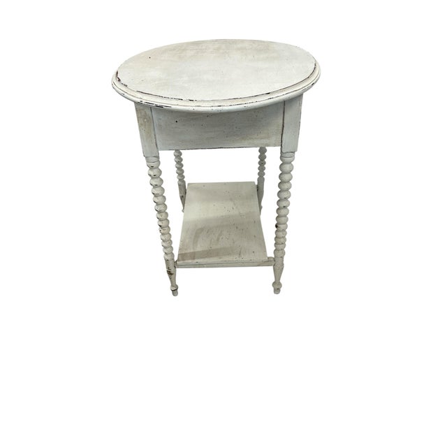 Farmhouse Antique Hand Painted Mahogany Farmhouse Style Oval Spool Bobbin Leg One Drawer Two Tier Side Table For Sale - Image 3 of 8