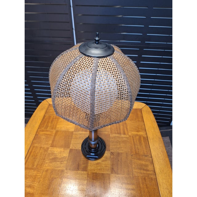 Wood Vintage 70's Tropical Bamboo Lamp With Wicker Shade For Sale - Image 7 of 8