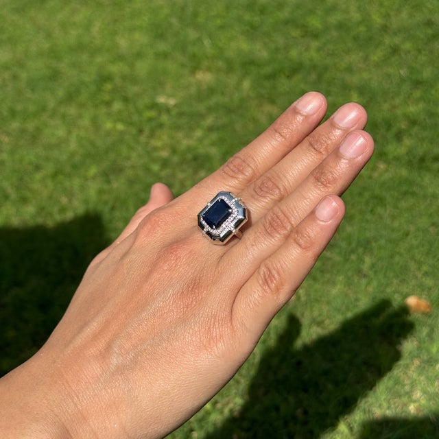 Metal 3.63ct Emerald-Cut Blue Sapphire Diamond Victorian Ring in 18k White Gold Size 7 For Sale - Image 7 of 18