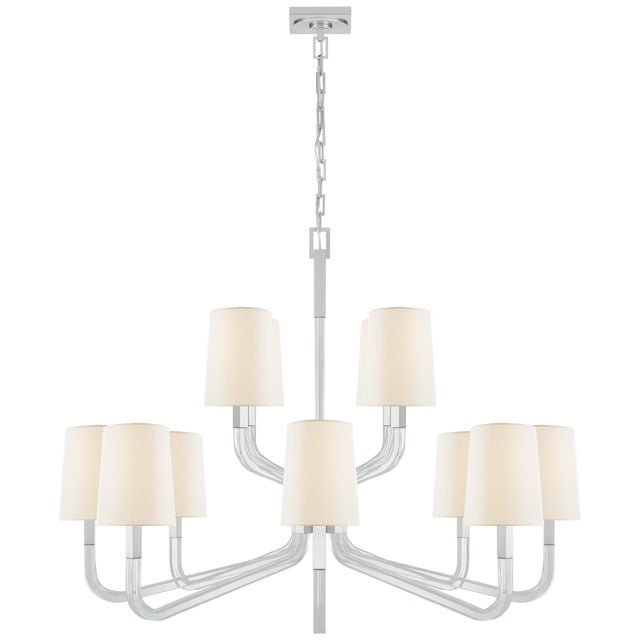 Reagan Grande Two Tier Chandelier in Polished Nickel and Crystal with Linen Shades Designer: Chapman & Myers Canopy: 6"...