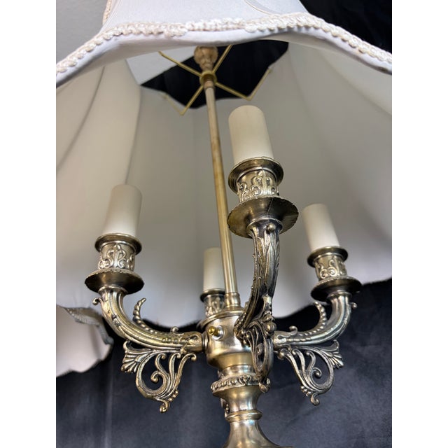 French 19th‑Century Louis XVI Style Four‑Arm Silver Candelabra Lamps — A Pair For Sale - Image 9 of 12