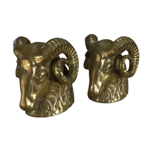Mid-Century Modern Vintage Pair of Rare Brass Ram's Head Bookends For Sale - Image 3 of 10