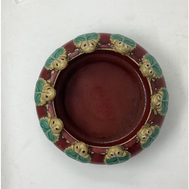 Whimsical Majolica style Red "Lilly Pond" with 10 frogs perched on edge. Charming accent piece can be used as a...
