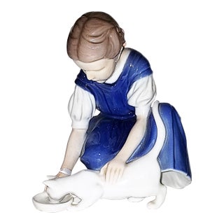 1960s Royal Copenhagen Porcelain Figurine, Girl With Cat For Sale