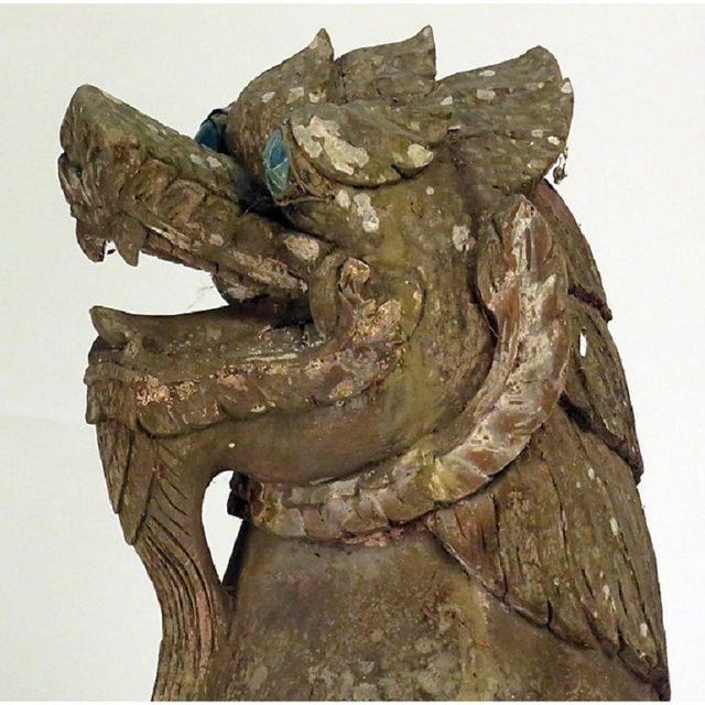 Pair of Wood Palace Lions, Southeast Asia, Weathered With Mica Eyes For Sale - Image 4 of 7
