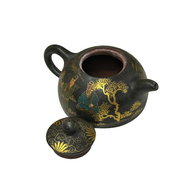 Vintage Chinese Black Golden Graphic Zisha Clay Teapot Art Display For Sale In San Francisco - Image 6 of 10
