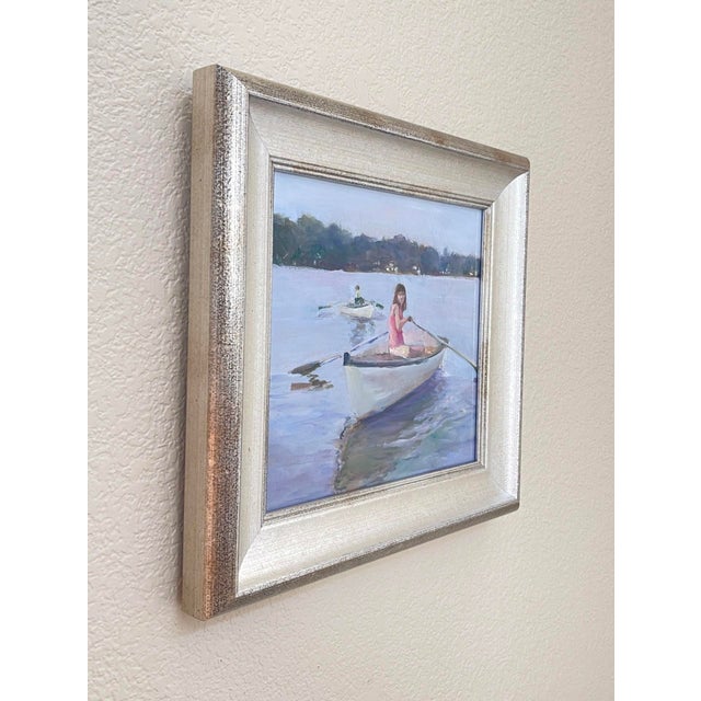 Contemporary Lure of the Dinner Bell by Sheri Farabaugh | Oil on Hardboard Girl in a boat on a calm water surface. For Sale - Image 3 of 3