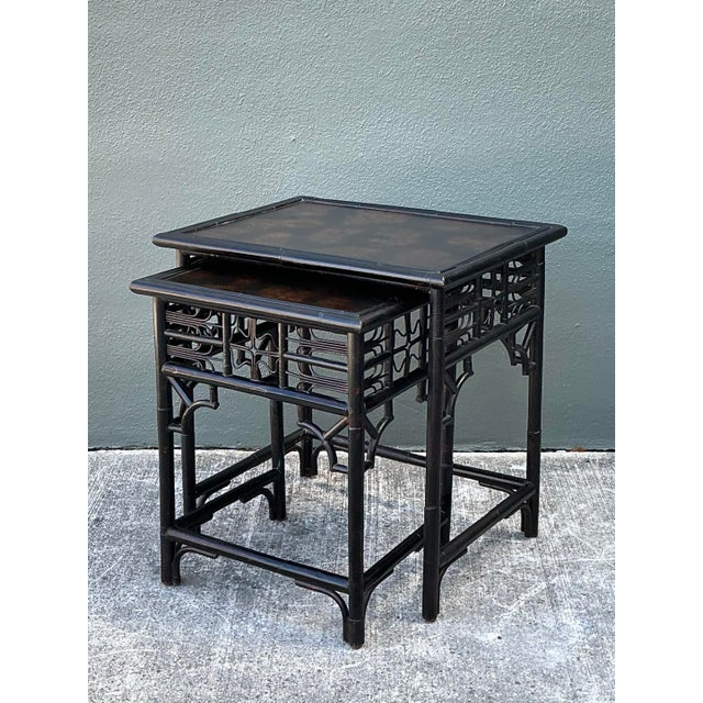 Coffee Vintage Fretwork Rattan Nesting Tables - Set of 2 For Sale - Image 8 of 12