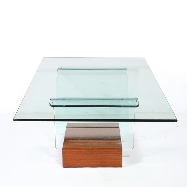 Mid-Century Modernage Curved Glass Cocktail Table W/ Rectilinear Walnut Base For Sale - Image 11 of 14