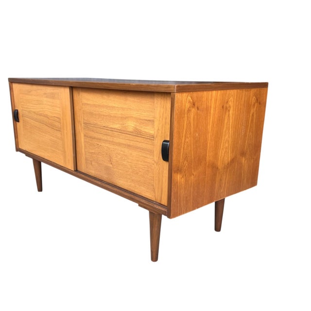 Restored 1960s Danish Modern Teak Cabinet With Sliding Doors and Tapered Legs For Sale - Image 13 of 14