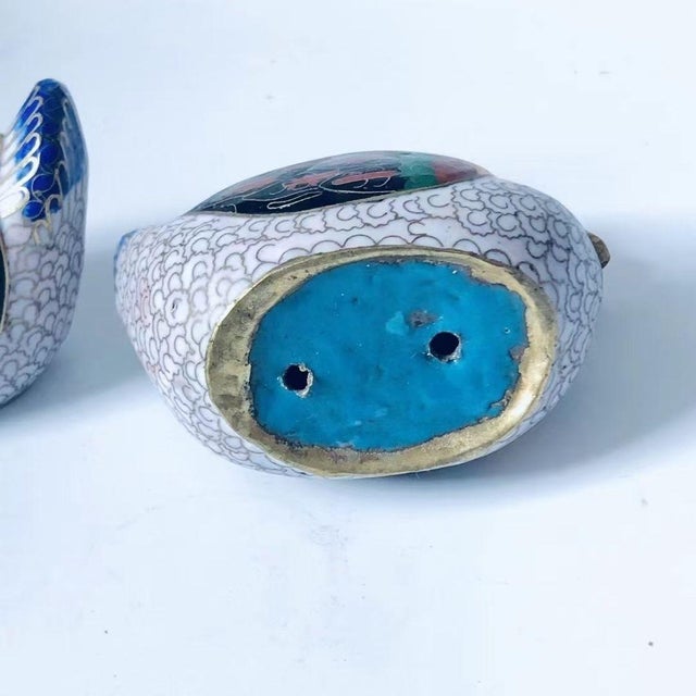 Pair of Vintage Cloisonné Enamel Mandarin Duck Figures – Pair, Floral & Feather Motif For Sale - Image 9 of 9