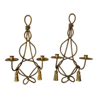 Vintage Pair Brass Rope Tassel Wall Sconces Hollywood Regency Candle Holders For Sale