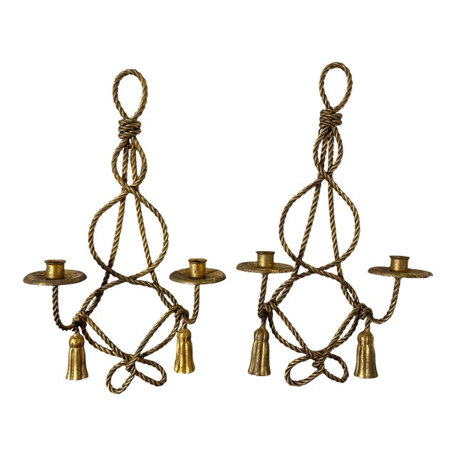 Vintage Pair Brass Rope Tassel Wall Sconces Hollywood Regency Candle Holders For Sale