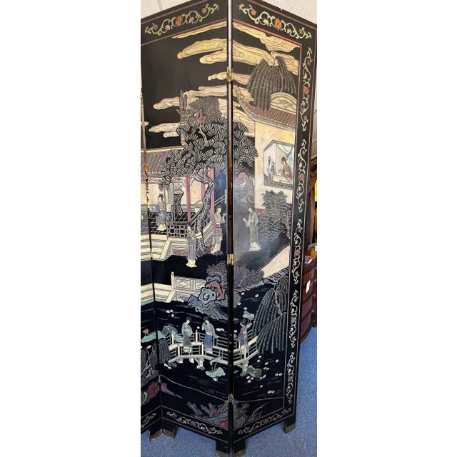 Boho Chic Monumental Vintage Asian Coromandel 4-Panel Floor Screen With Incised Painted Details For Sale - Image 3 of 13