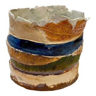 1970's Brutalist Art Pottery Striped Slab Oval Vase For Sale