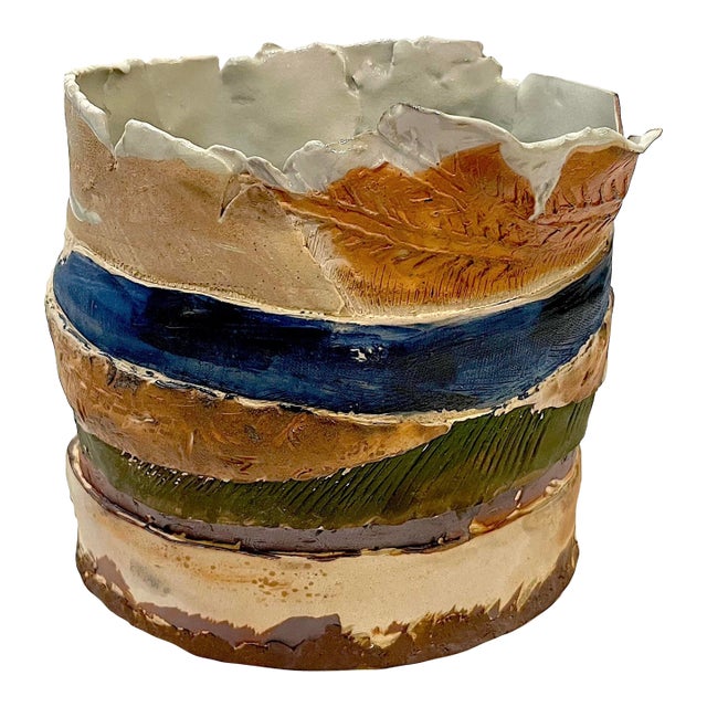 1970's Brutalist Art Pottery Striped Slab Oval Vase For Sale