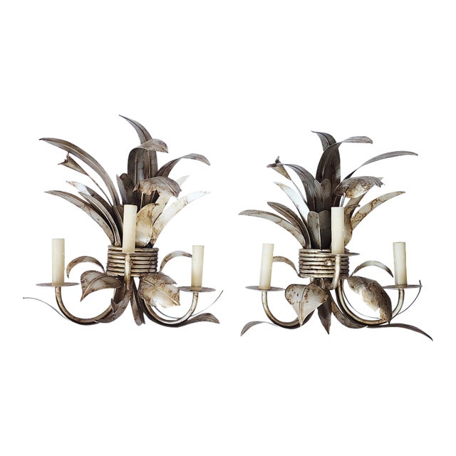 Original 22 Palm Leaf Motif Wall Sconces-a Pair For Sale