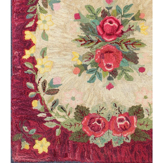 American Vintage American Hooked Rug With Red Rose and Yellow Flower Bouquets 3'2"x4'3" For Sale - Image 3 of 8