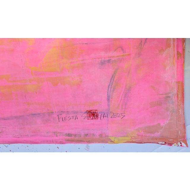 This original 42” x 44” abstract canvas painting delivers an immediate sense of warmth and optimism, making it a striking...