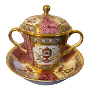Antique Early 19th Century Coalport Porcelain Covered Two Handled Bouillon Cup & Saucer or Ecuelle Decorated With Urns