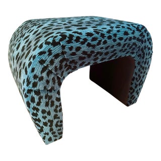 1980s Vintage Waterfall Stool Reupholstered With Blue Leopard by Lillian August for Hickory White Fabric For Sale