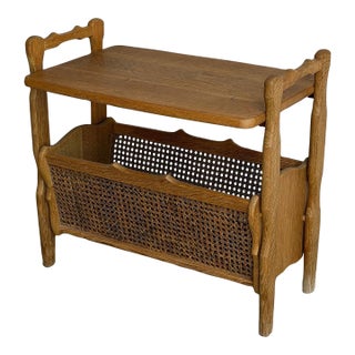 Vintage Danish Oak Side Table / Magazine Rack With Cane Storage For Sale
