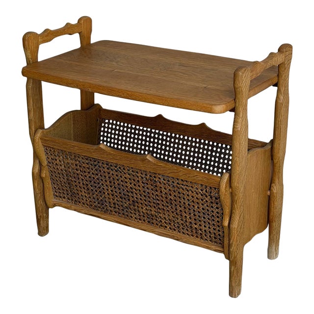 Vintage Danish Oak Side Table / Magazine Rack With Cane Storage For Sale
