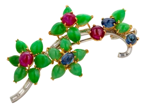 1970s Rare Antique Platinum Floral Brooch Baguette Diamonds Jade Rubies and Sapphires