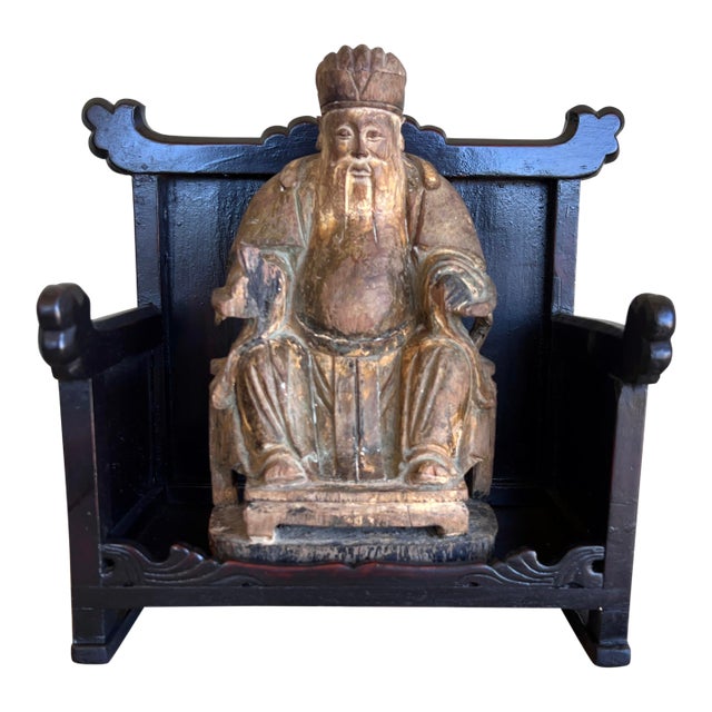 Fine 19th Century Polychrome Painted Carved Chinese Immortal Deity in the Large Wood Throne For Sale