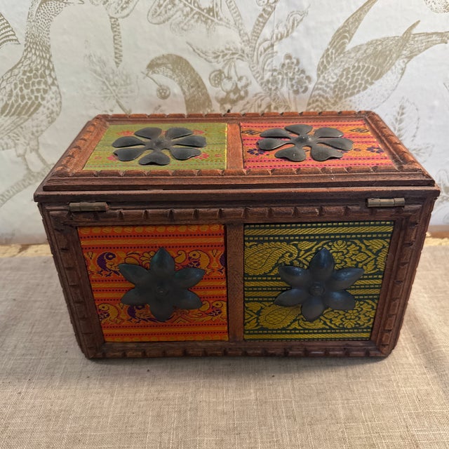Vintage Wood, Fabric, and Metal Jewelry Storage Box India For Sale - Image 9 of 11