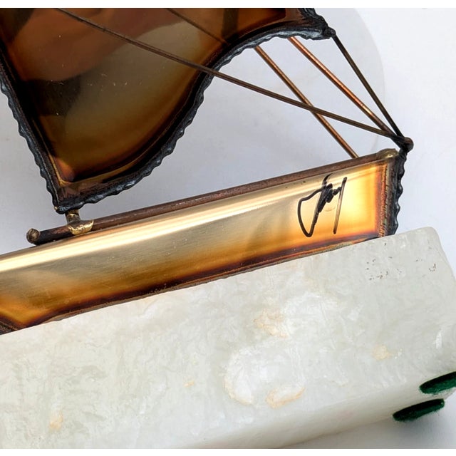 Metal Vintage Brass Marble Base Sailboat Sculpture Signed For Sale - Image 7 of 7