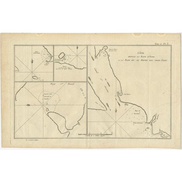 Antique map titled 'Baye St. David (\.)'. Charts of York's Bay, Haven of the Three Islands, St. David's Bay, and...