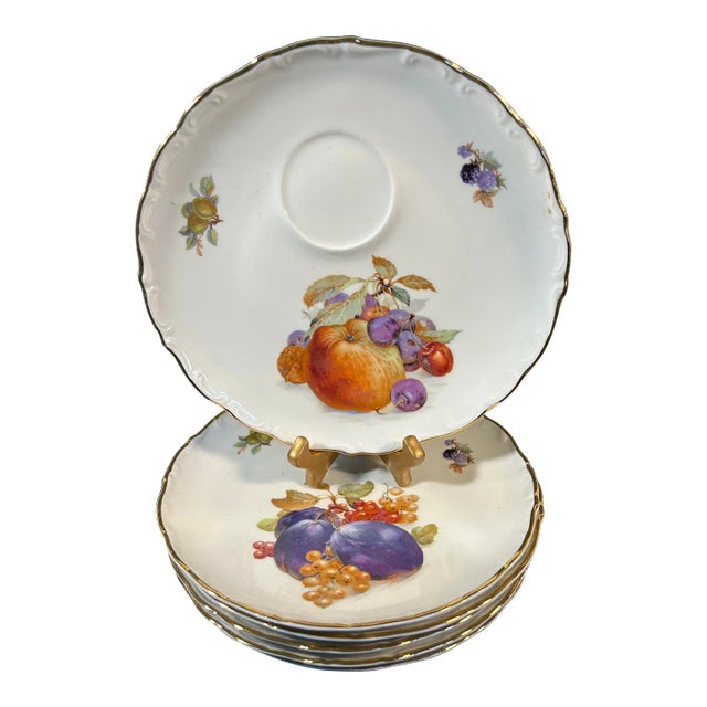 Antique Gold Rimmed Fruit Motif Appetizer Plates Made in Germany - Set of 6 For Sale