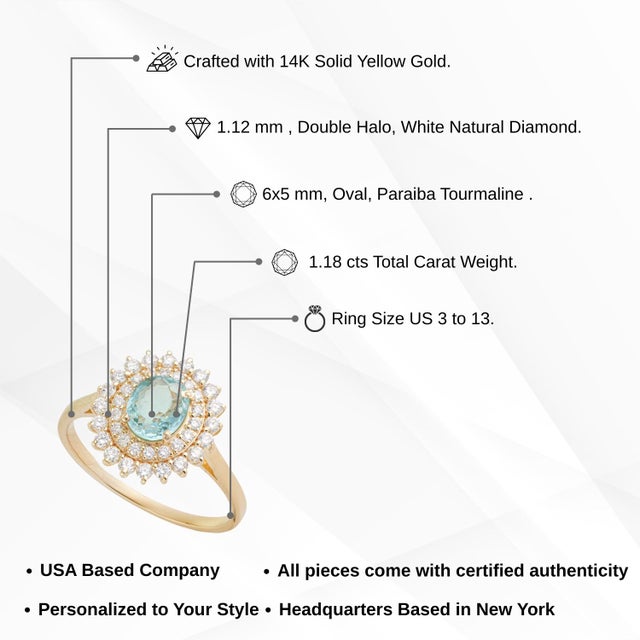 14k Yellow Gold 1.18 Ct Oval Paraiba Tourmaline & Diamond Double Halo Ring Size 5 For Sale - Image 13 of 18