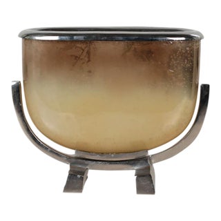 Mid-Century Modern Smoked Gold Glass and Chrome Large Sculptural Jardinière For Sale