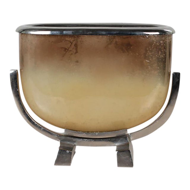 Mid-Century Modern Smoked Gold Glass and Chrome Large Sculptural Jardinière For Sale