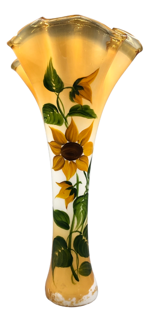 Large Antique Art Nouveau Glass Vase Hand Painted with Sunflowers