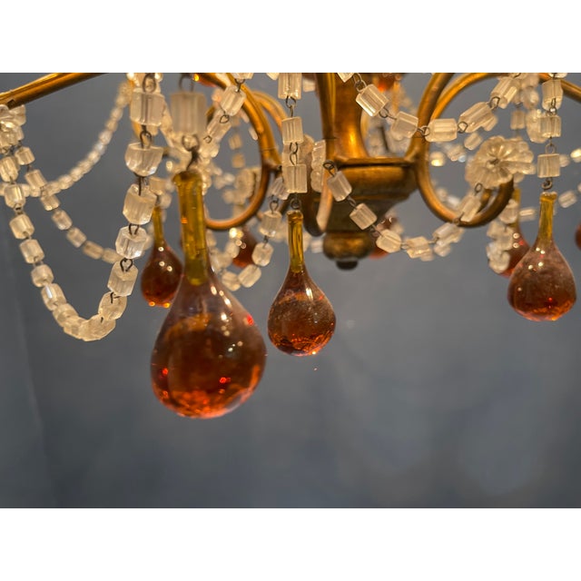 Goldenrod Italian Florentine Giltwood and Amber Murano Glass Drop 6-Light Chandelier, 1950s For Sale - Image 8 of 15
