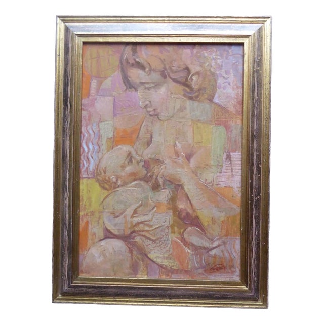 Mother and Child Portrait, 1960s, Oil on Board For Sale