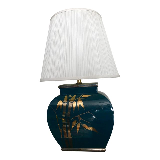 Vintage Asian Turquoise / Gold / Silver Ceramic Bamboo Decoration Table Lamp For Sale