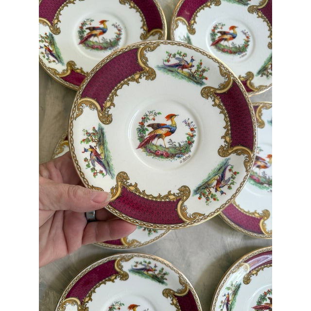 Art Deco Vintage Myott Chelsea Bird Dessert Plates – 6 7/8 Inch Staffordshire England Plates – Burgundy and Gold English China - Set of Ten (10) For Sale - Image 3 of 9